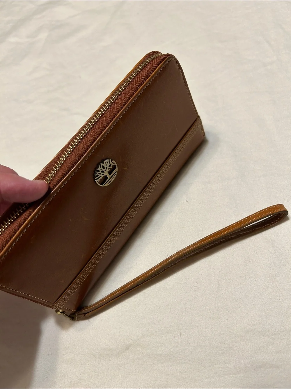 Timberland Brown Leather Wristlet Wallet with Tree Logo